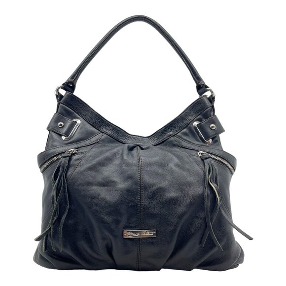 Etienne Aigner Crescent Black Pebbled Leather Tassels Fringe Zip Pockets H… - Picture 1 of 10